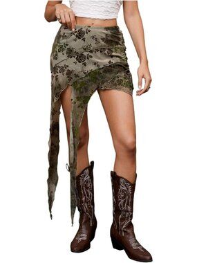 Women Green Pattern Western Skirt Boho Asymmetrical Skirts Cowgirls Mesh Vintage